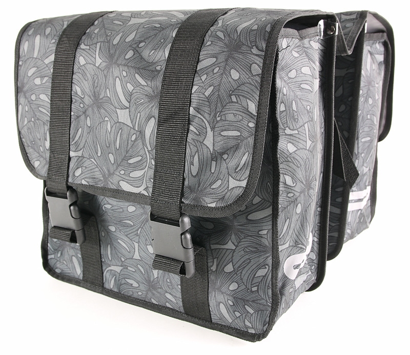 Dubbele fietstas polyester 32 liter blad motief zwart / grijs